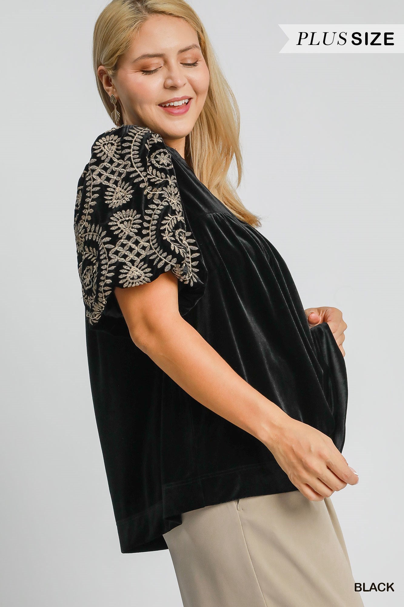 Velvet Embroidered Sleeve Top - Black