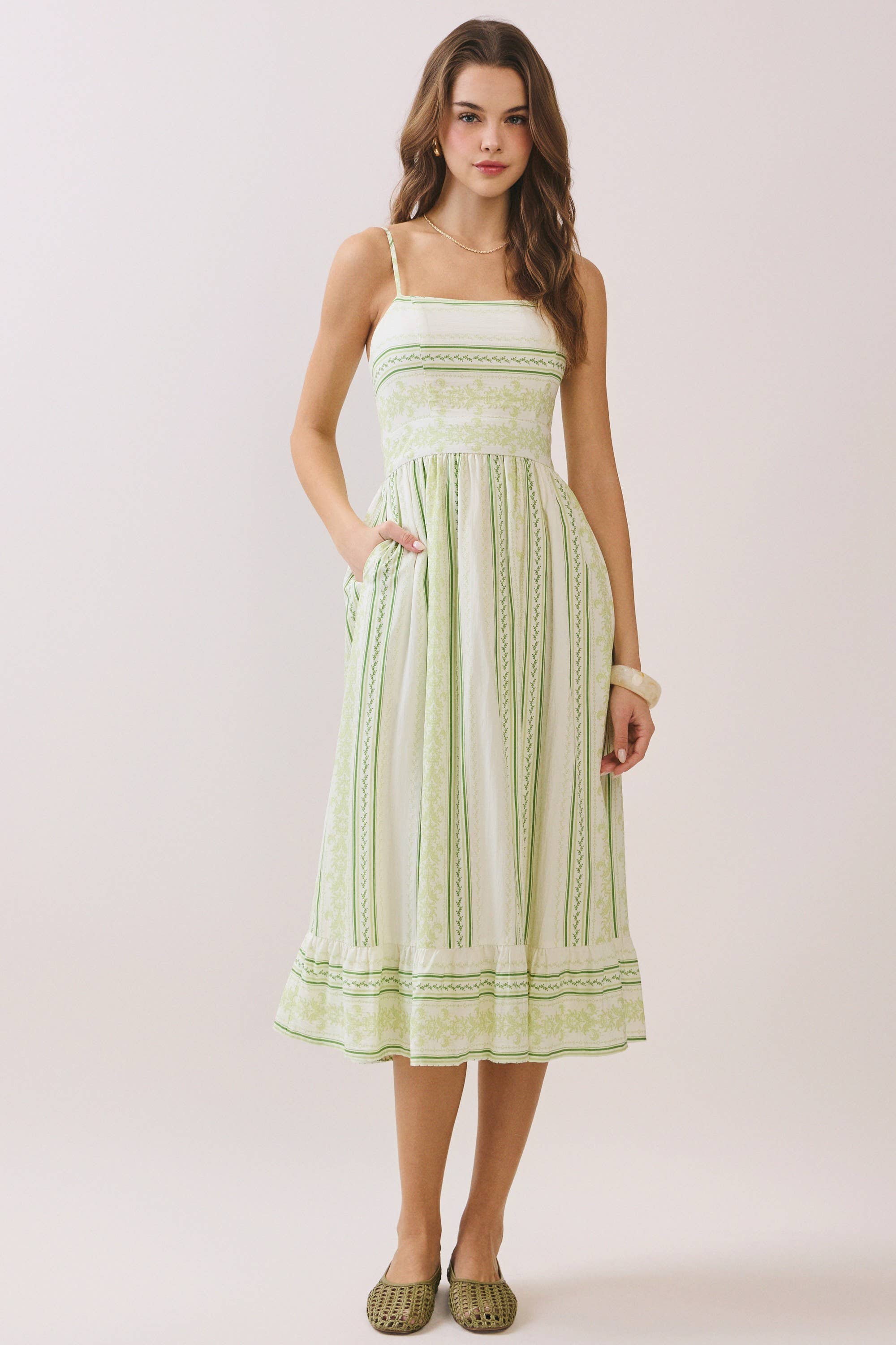 Mixed Striped Smocked Bodice Midi Dress: Green
