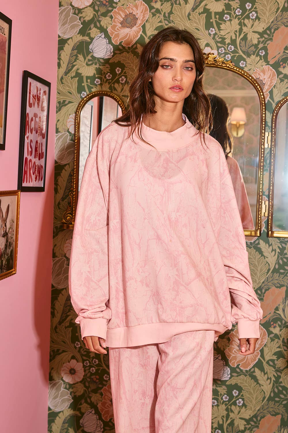 Camouflage Oversized Mock Neck Sweatshirt: Pink