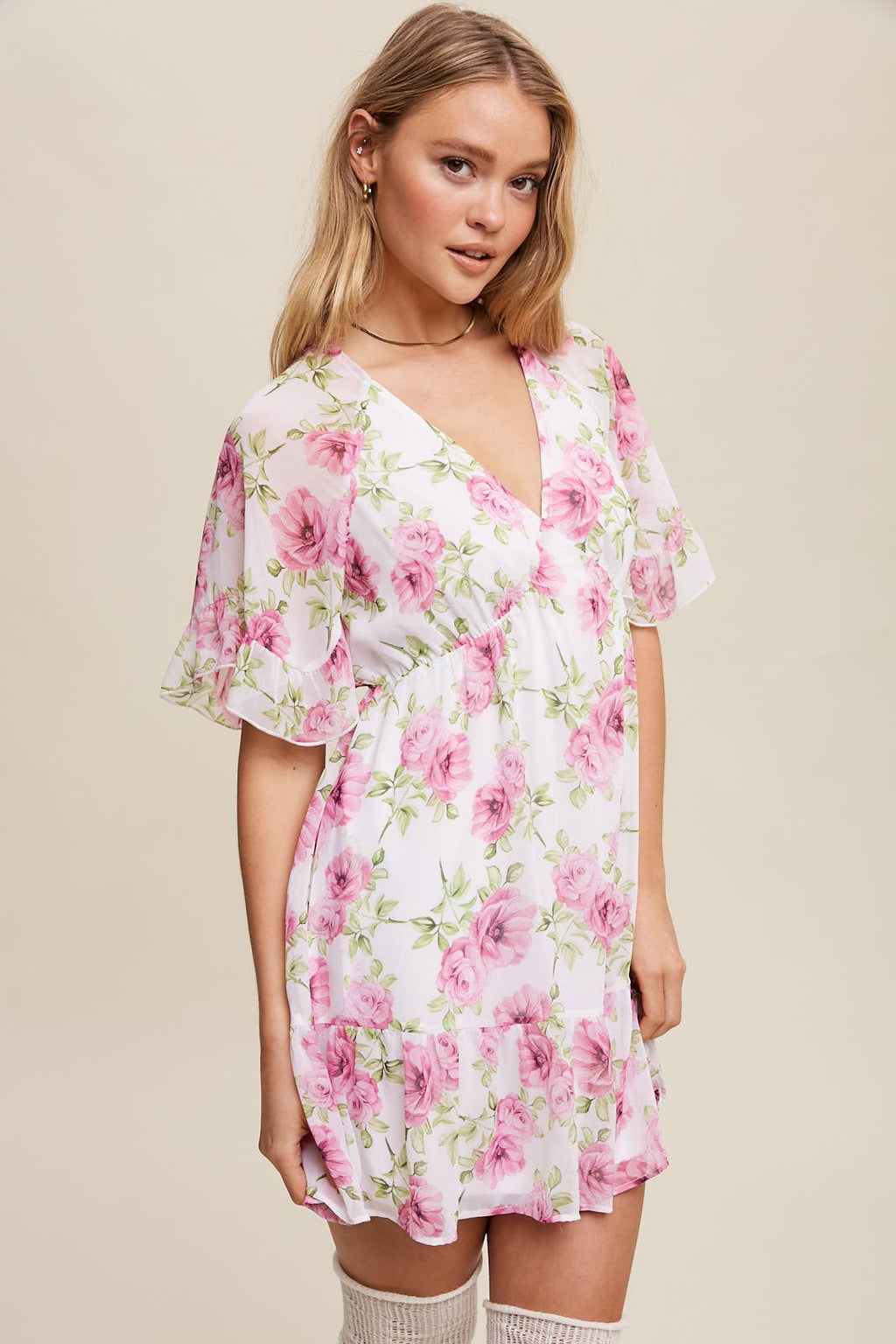 Floral Ruffle Sleeve Mini Dress: Cream