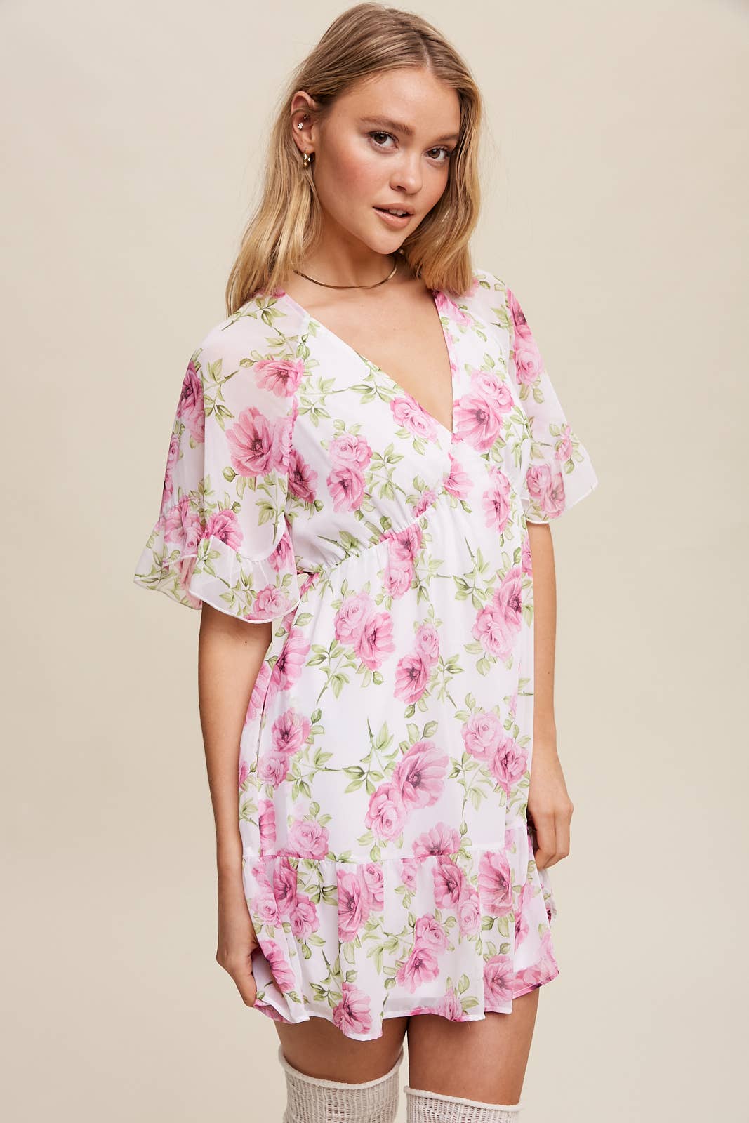 Floral Ruffle Sleeve Mini Dress: Cream