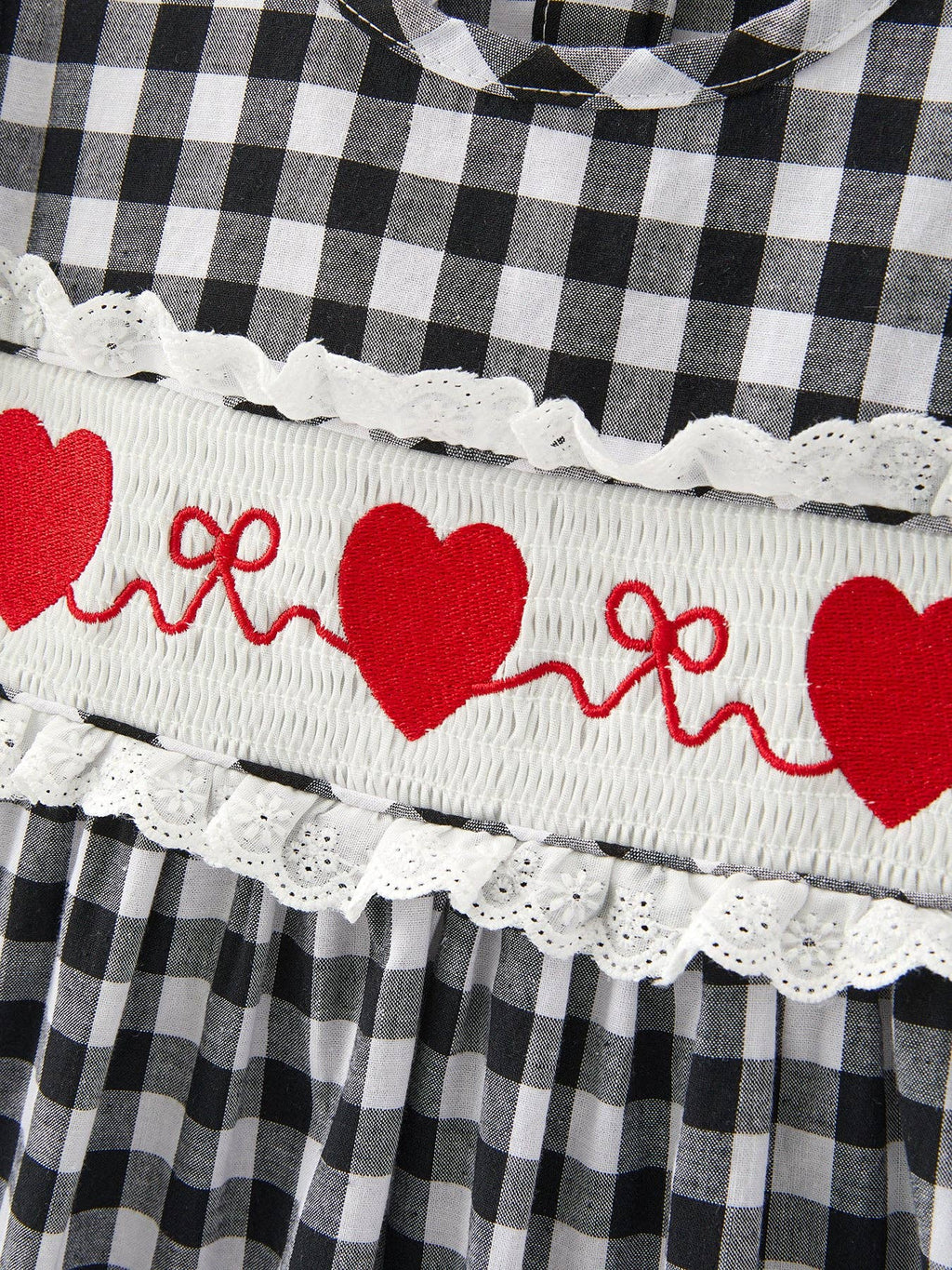 Black and white Plaid heart and bows Smocking Embroidery Long Sleeve Girls Dress