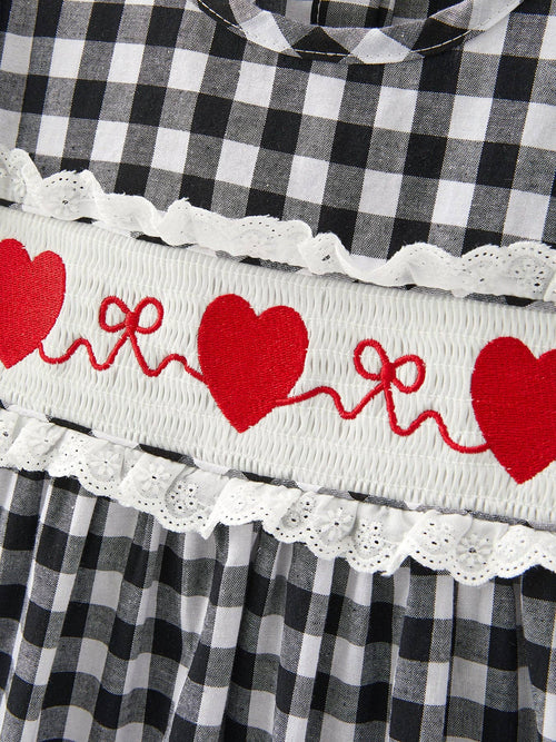 Black and white Plaid heart and bows Smocking Embroidery Long Sleeve Girls Dress