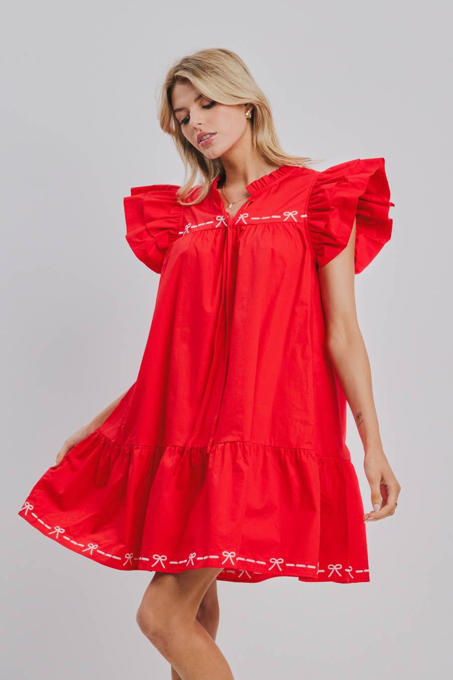 Solid Poplin Babydoll Mini Dress: Red