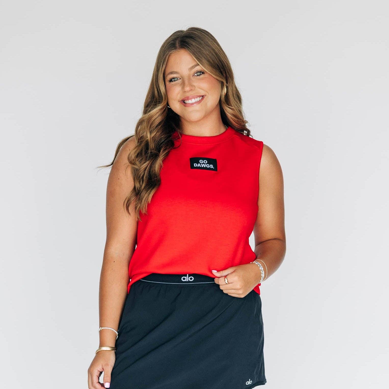 The Anna Active Tank Go Dawgs Woven Label | Bright Red: Bright Red / Black with White / Large
