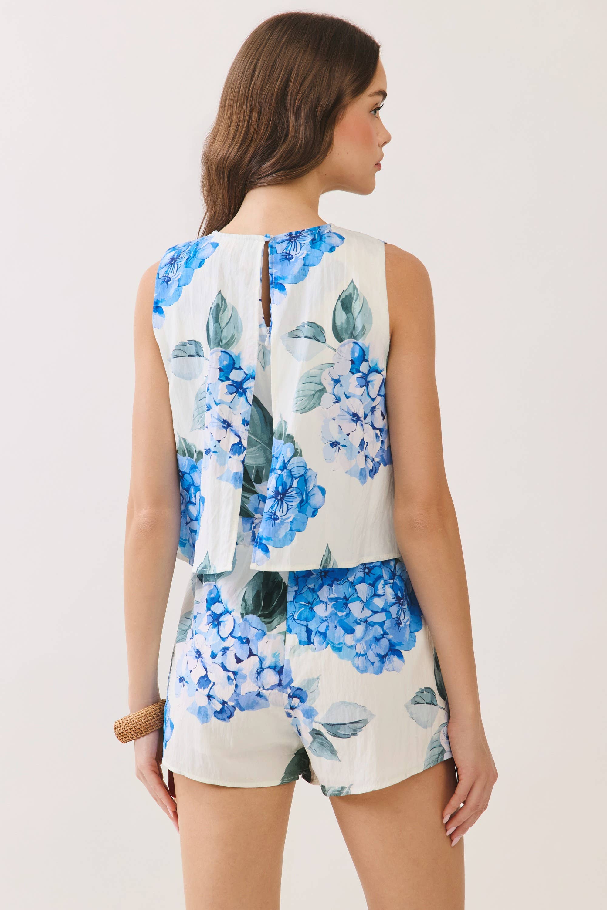 Floral Print Back Keyhole Layered Top Romper: Blue
