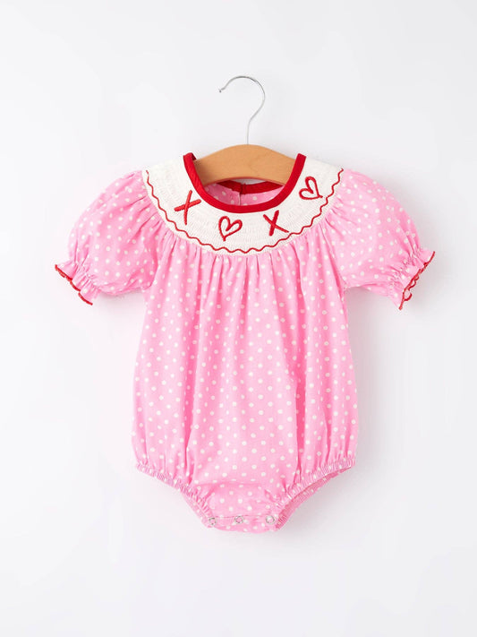 Valentine's Day Baby Girls Smocking Embroidered Polka Dots Romper