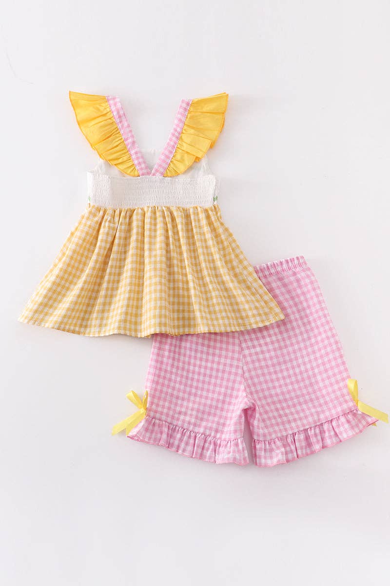 Yellow Plaid Chicken Applique Ruffle Girl Set size 5