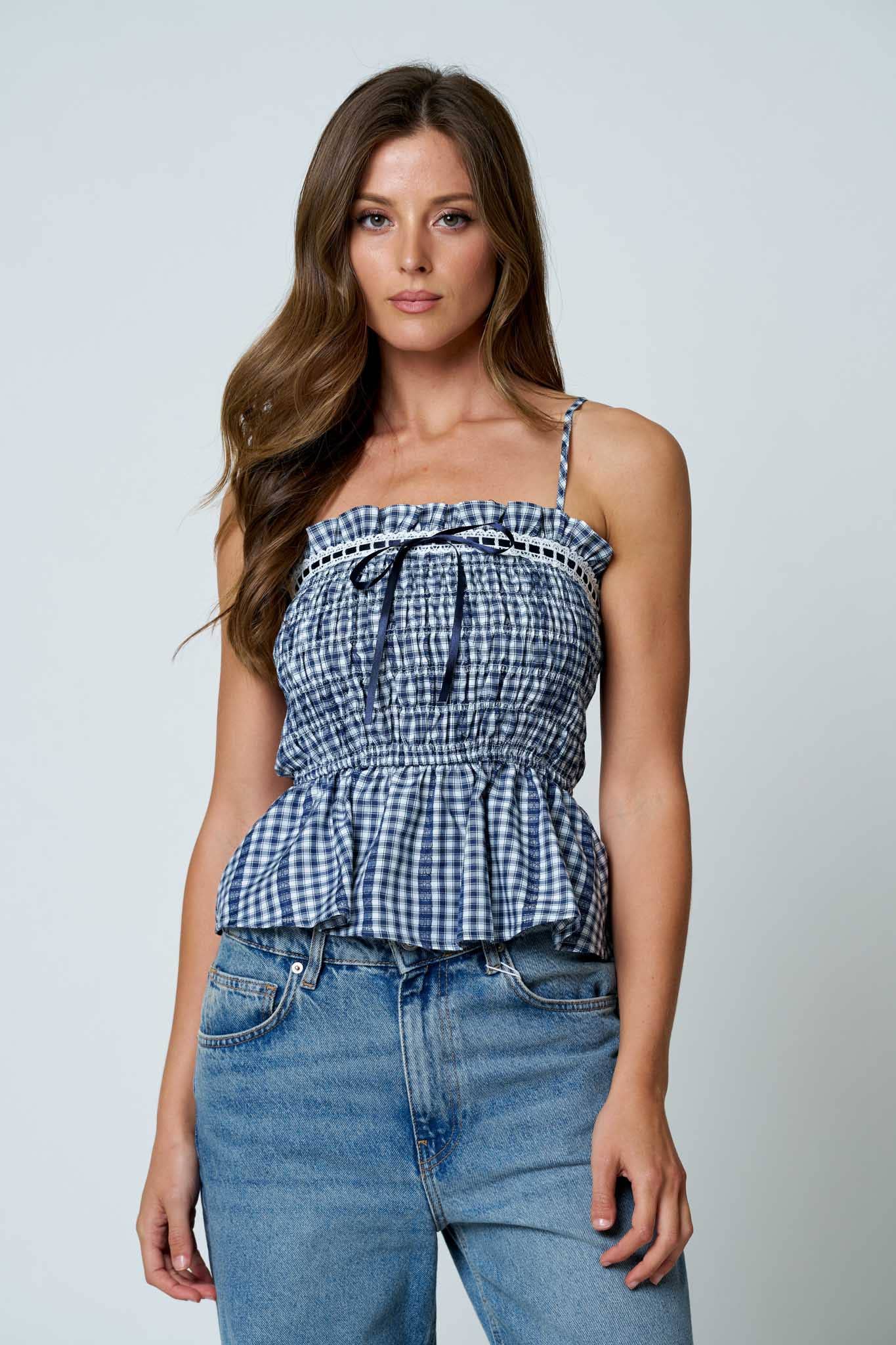SMOCKED GINGHAM LACE TRIM PEPLUM SPAGHETTI TOP: NAVY