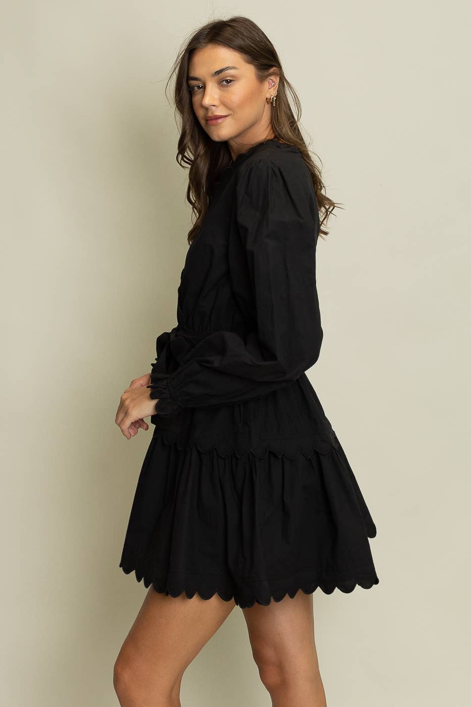 Scalloped Wrap Dress: Black