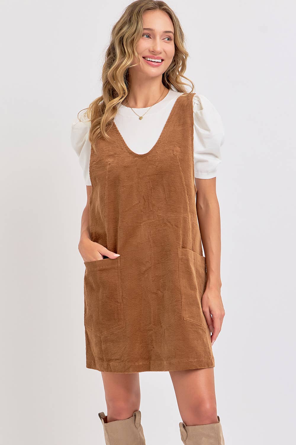 CASUAL OVERALL CORDUROY DRESS CAMEL