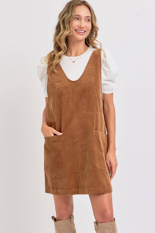 CASUAL OVERALL CORDUROY DRESS CAMEL