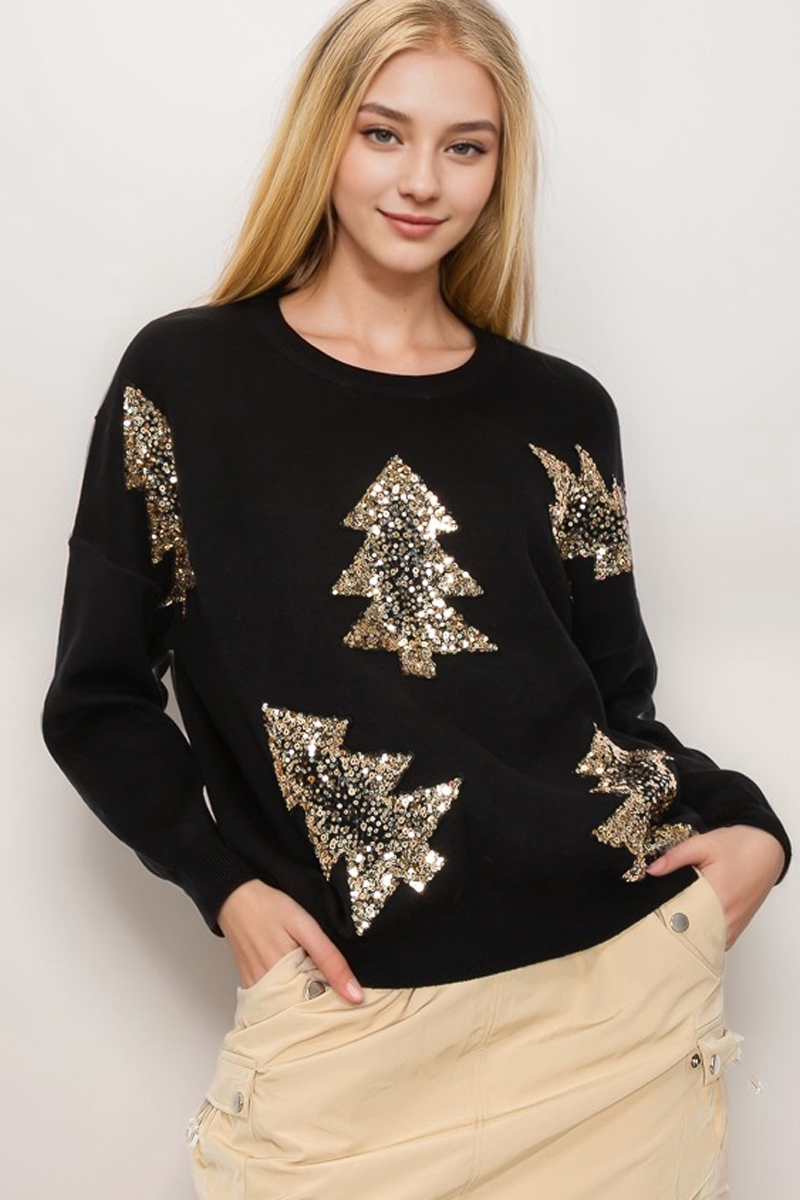 CHRISTMAS TREE SEQUINS SWETAER: Black