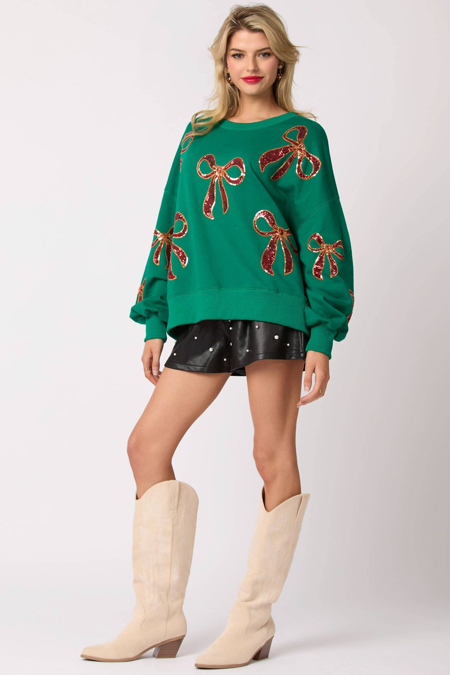 Christmas Bow Embroidery Oversized Green Sweatshirts