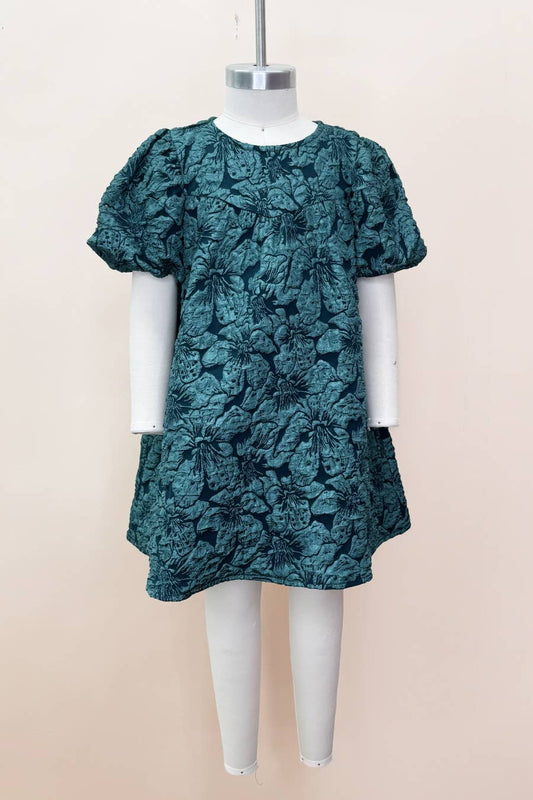 Kids Floral Jacquard Balloon Sleeve Dress: Hunter Green