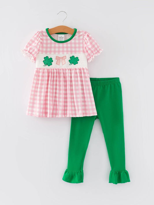 St. Patrick's Day Smocking 4-leaf Clover Plaid Bow Embroidered Set