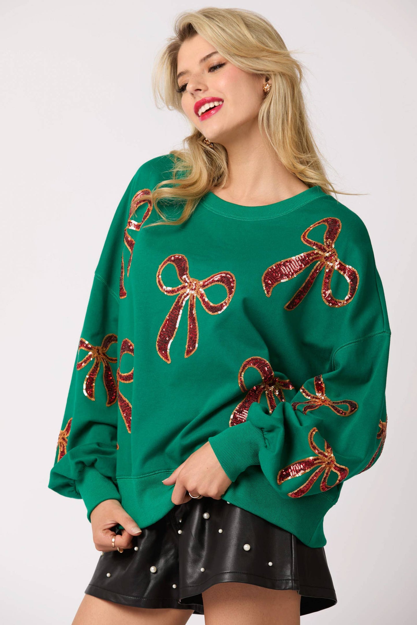 Christmas Bow Embroidery Oversized Green Sweatshirts