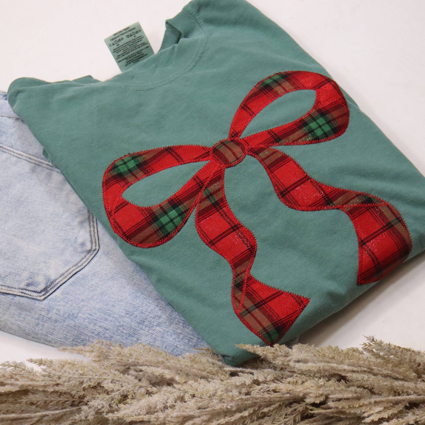 Green Christmas Plaid Bow Coquette Short Sleeve