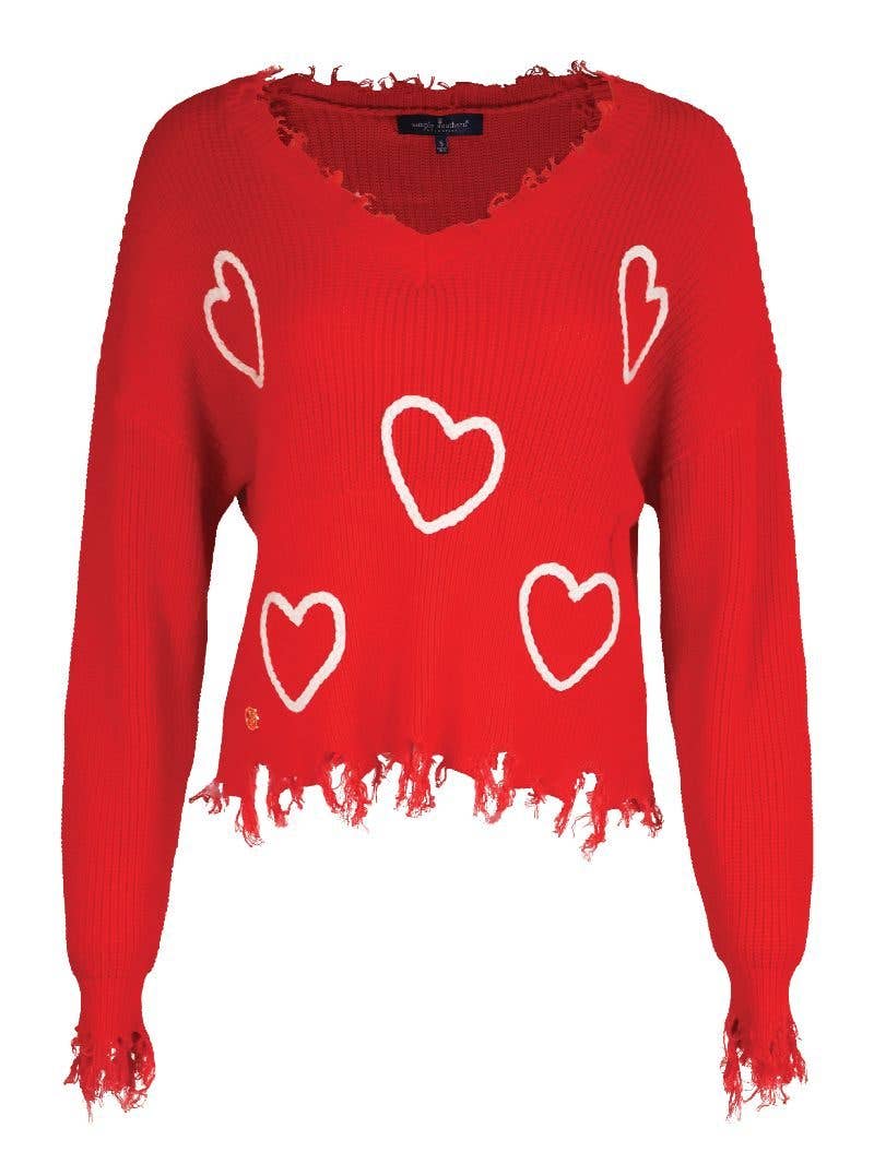 Heart Sweater V Neck Distressed Red