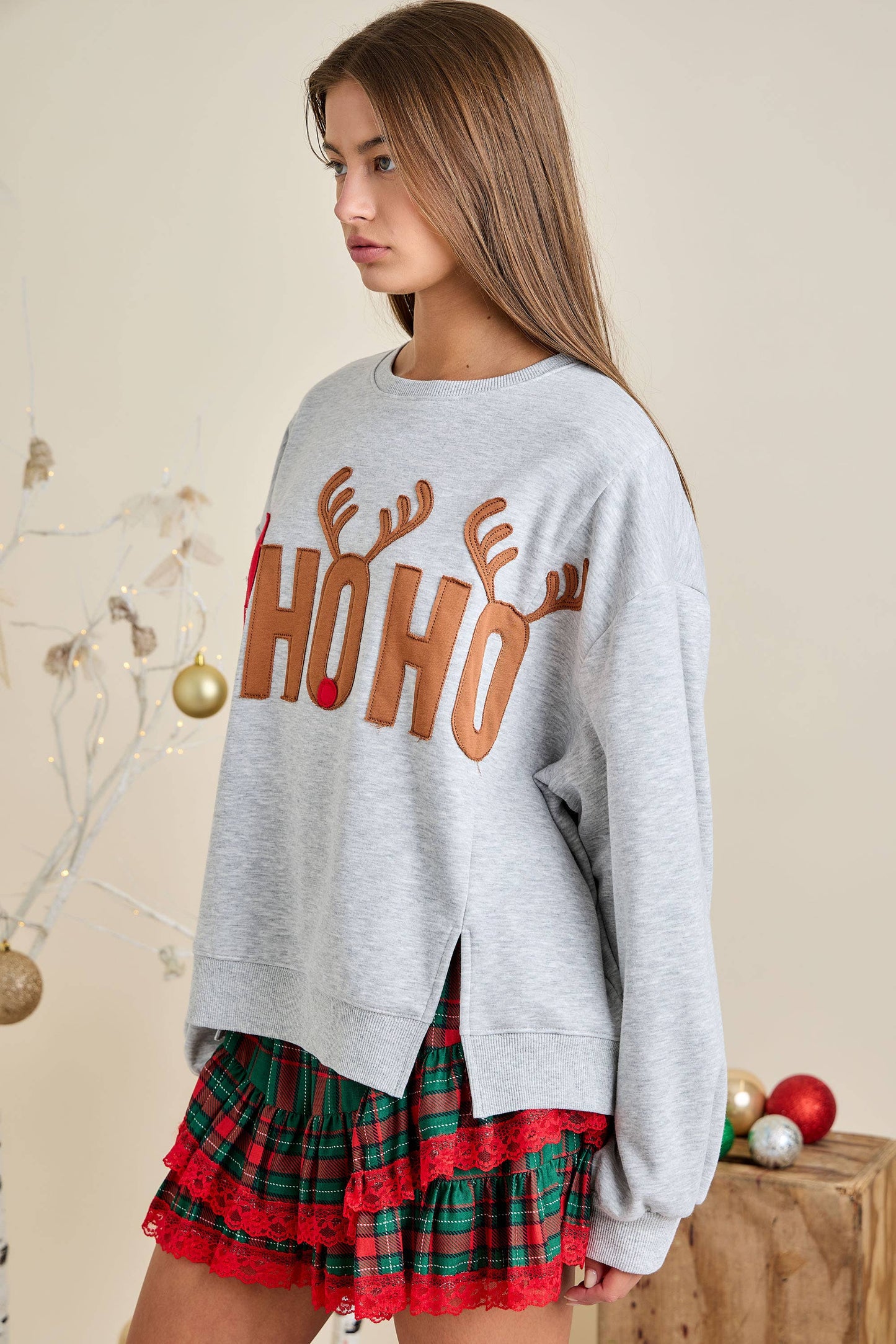 HO HO HO Grey Holiday Sweatshirt Patchwork Fleece Festive: HEATHER GREY