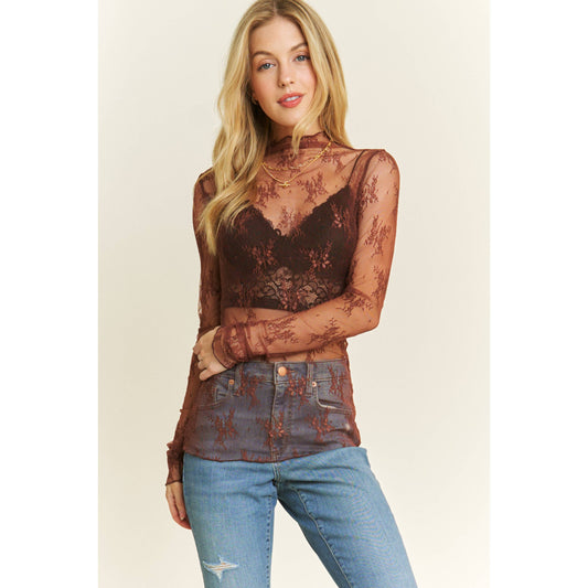 MESH LACE HIGH NECK DESIGN LONG SLEEVE FITTED TOP: Brown