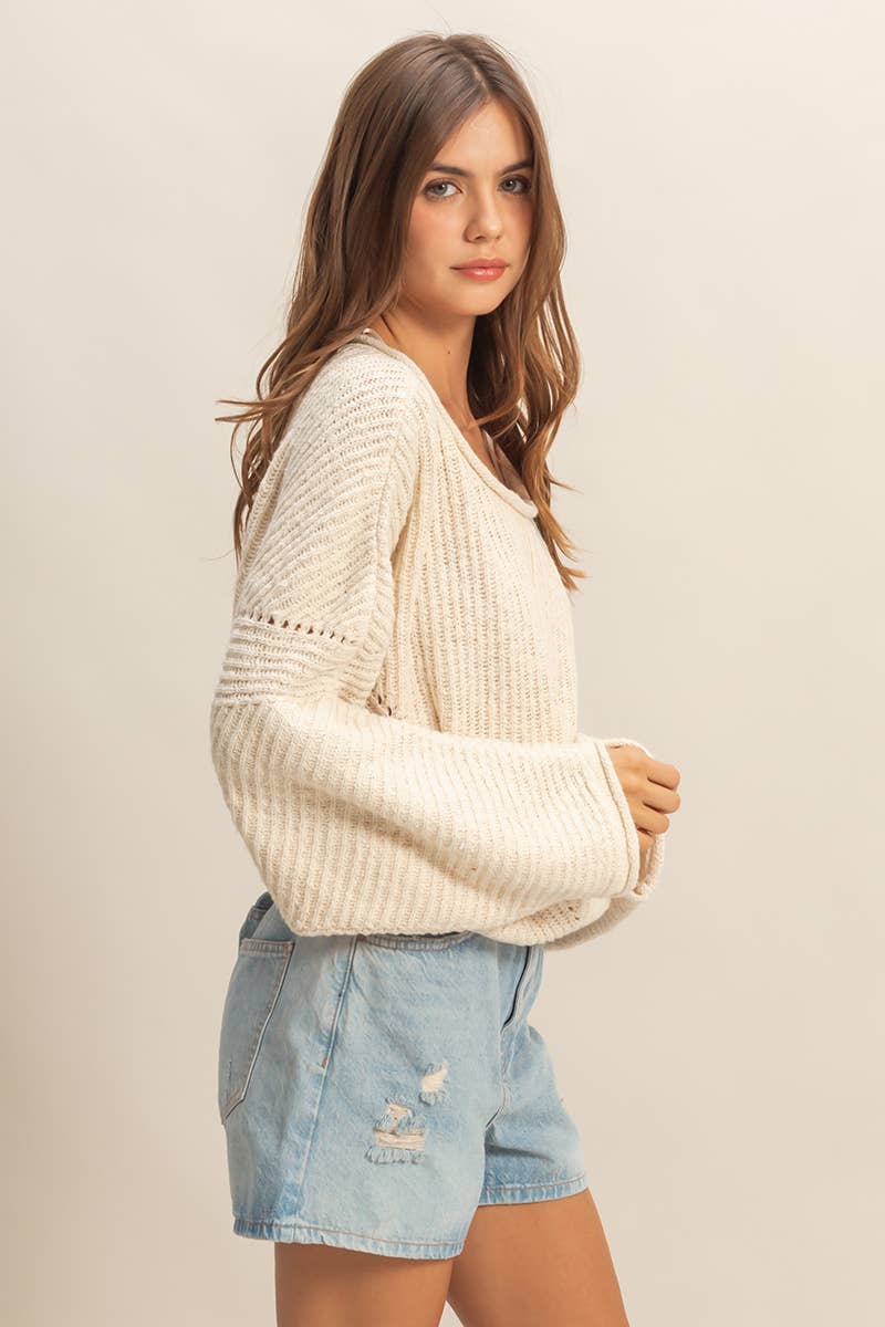 Ribbed Drop Sleeve Sweater: CREAM