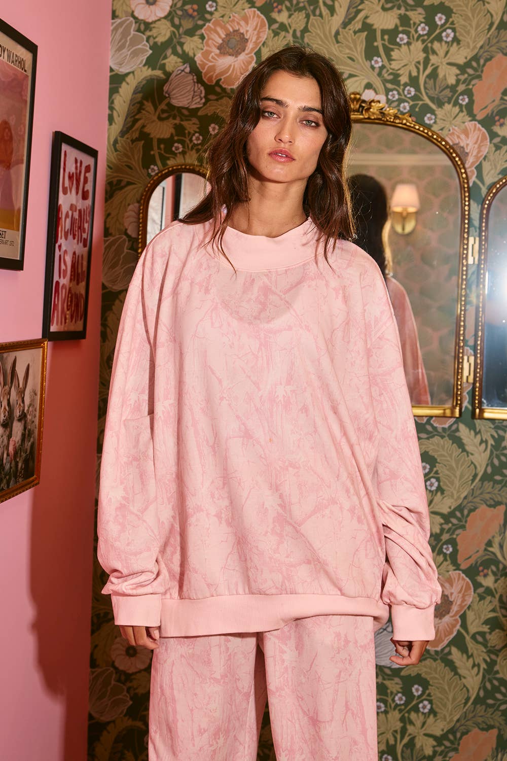 Camouflage Oversized Mock Neck Sweatshirt: Pink