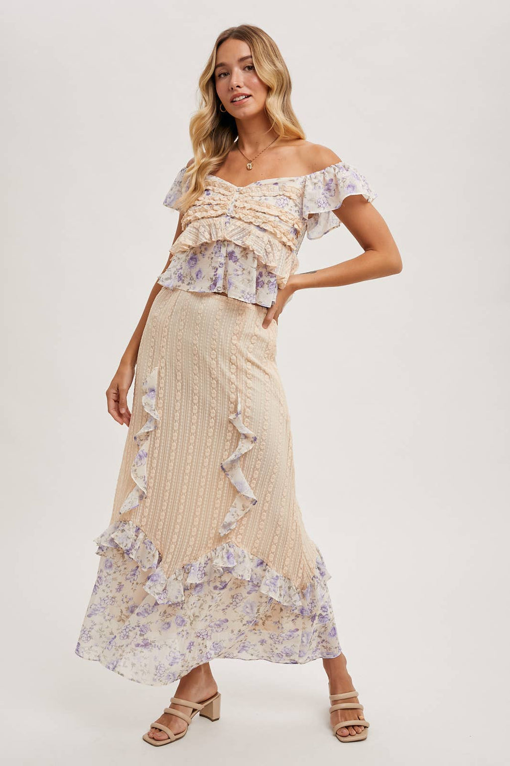 FLORAL PRINT RUFFLE LACE TRIMMED SWEETHEART NECK TOP