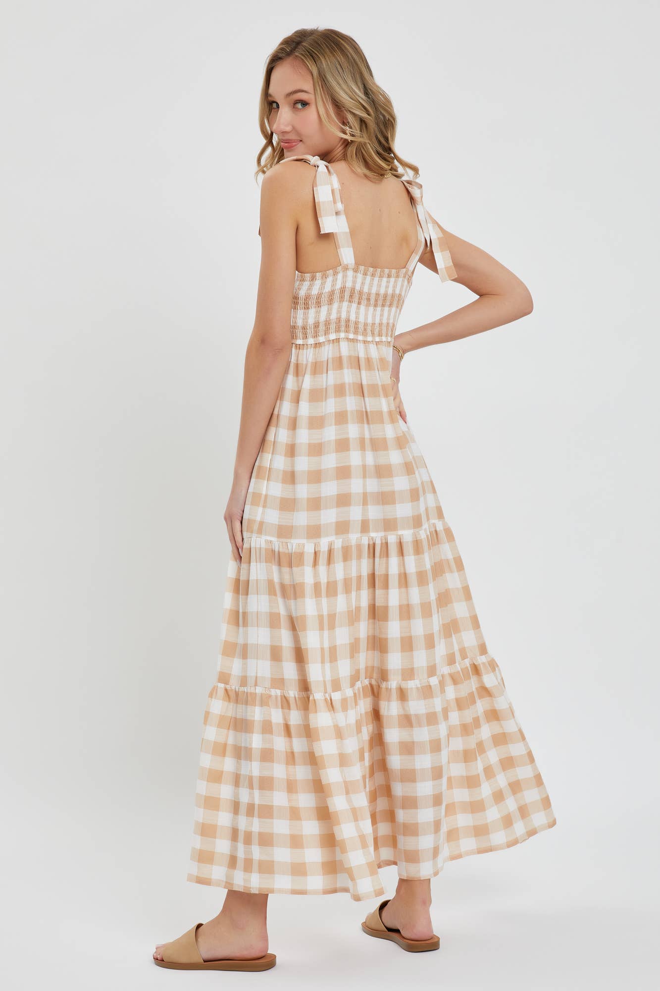 GINGHAM TIERED MAXI DRESS: TAUPE