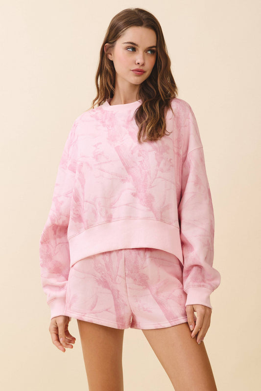 Camouflage Print Dropped Shoulders Sweatshirt: Pink