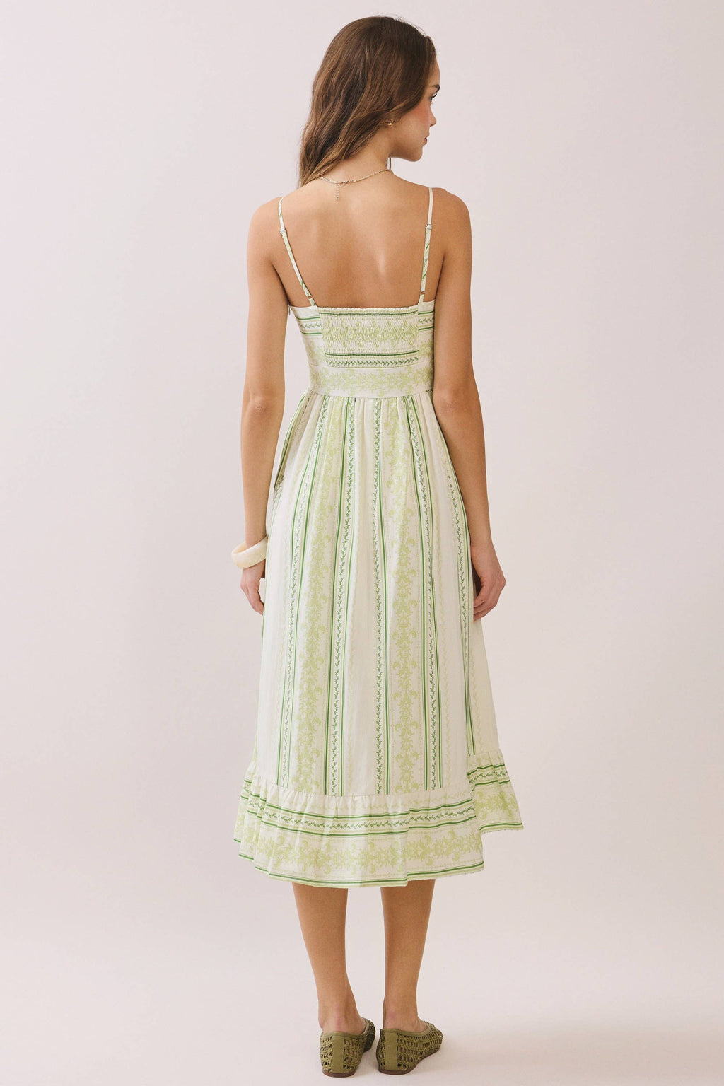 Mixed Striped Smocked Bodice Midi Dress: Green