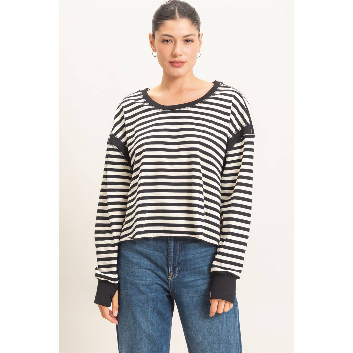 Striped Long Sleeve Top: MOCHA / WHITE