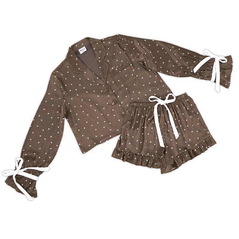Brown Short PJ + Velvet Ties - Hearts