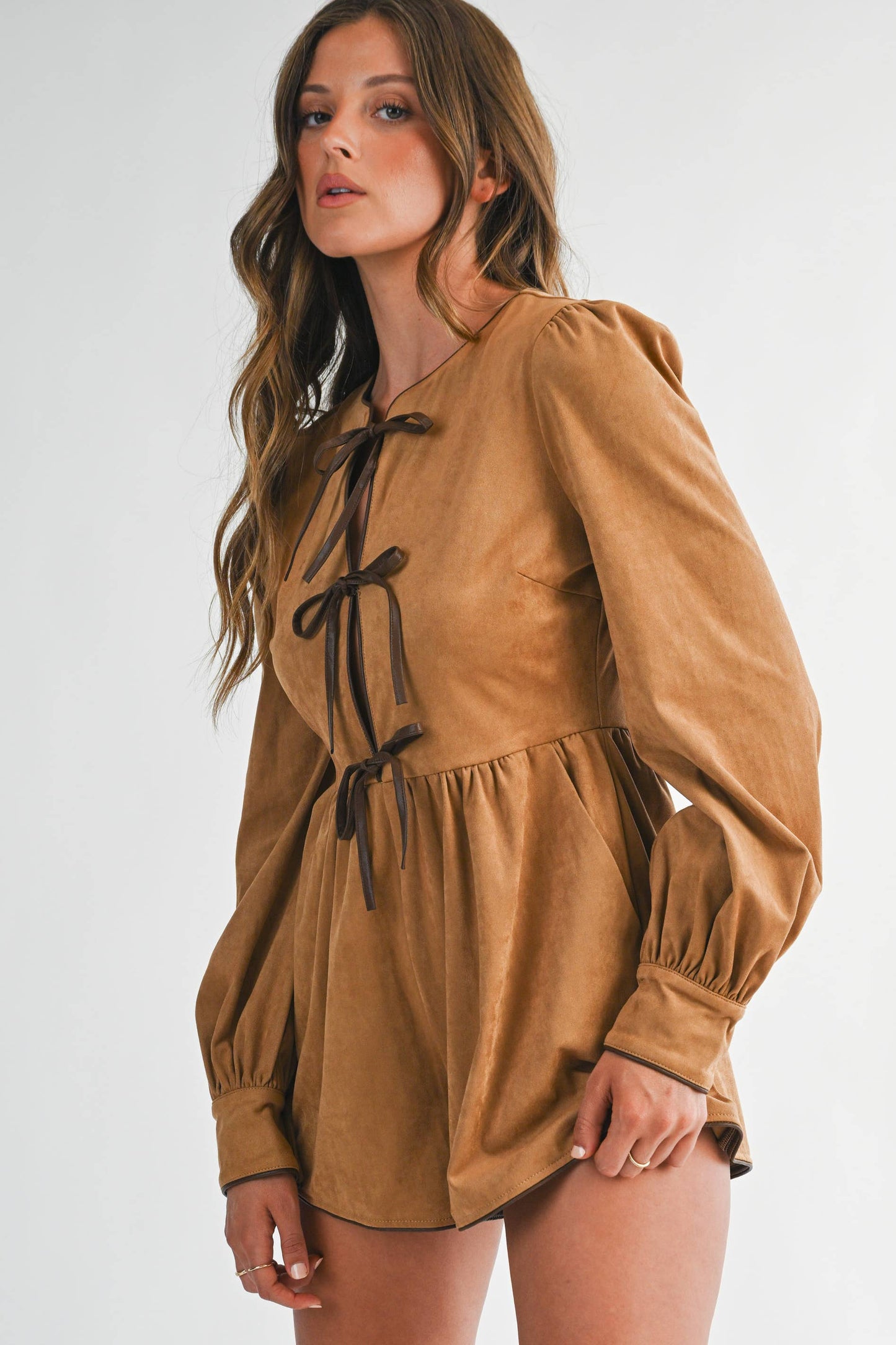 Suede Tie-Front Long Sleeve Romper