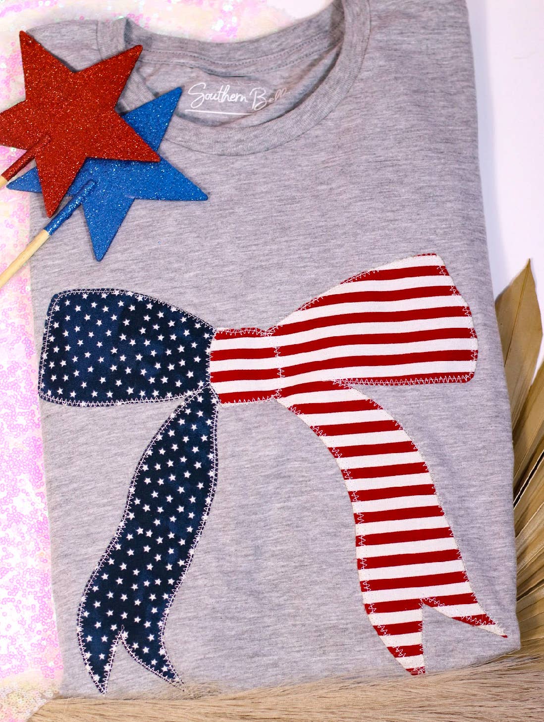 Flag Bow USA Patriotic 4th of July Embroidered Short Sleeve