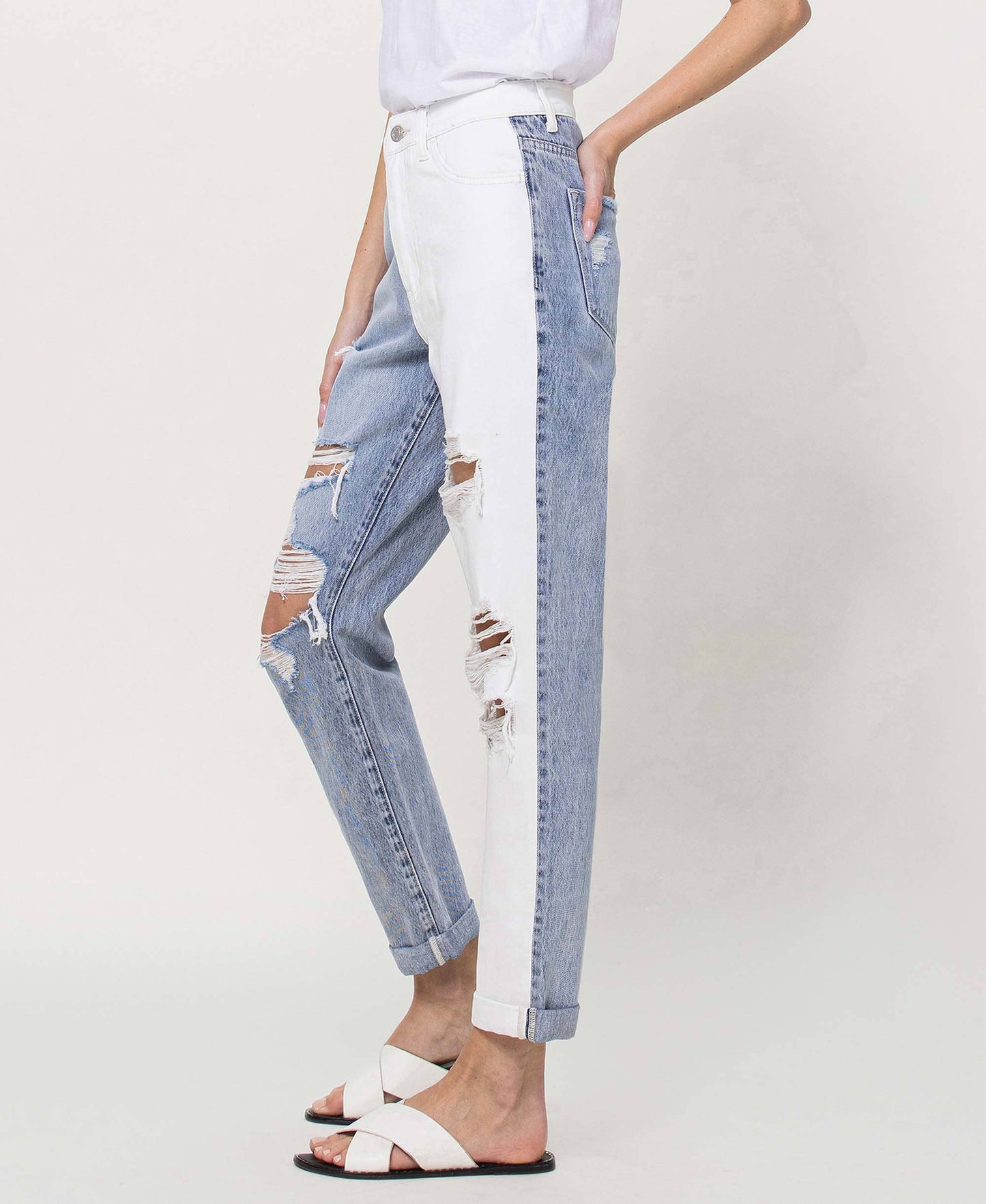 SUPER HIGH RISE SPLIT TWO TONE CUFFED MOM JEANS EMMA