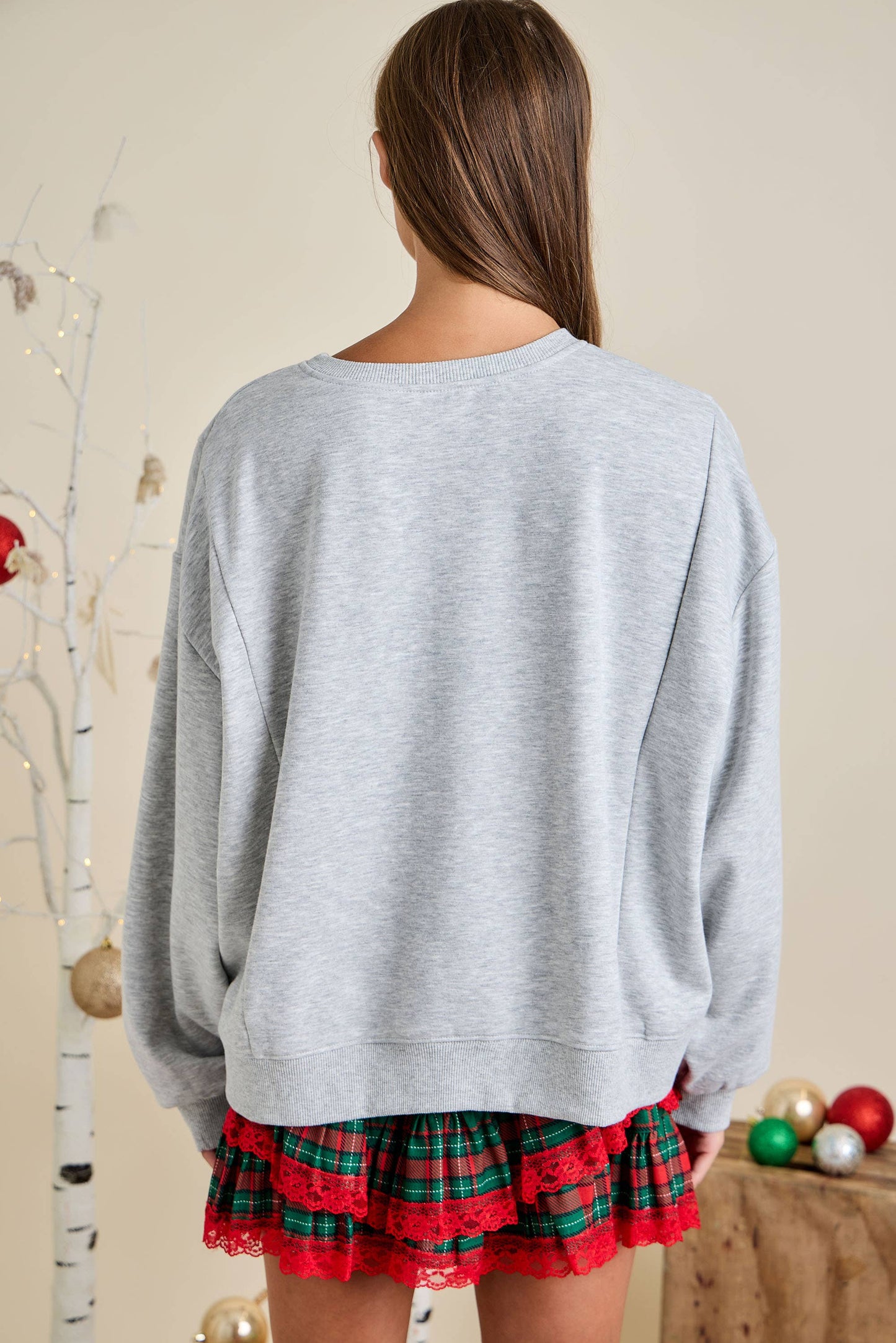 HO HO HO Grey Holiday Sweatshirt Patchwork Fleece Festive: HEATHER GREY