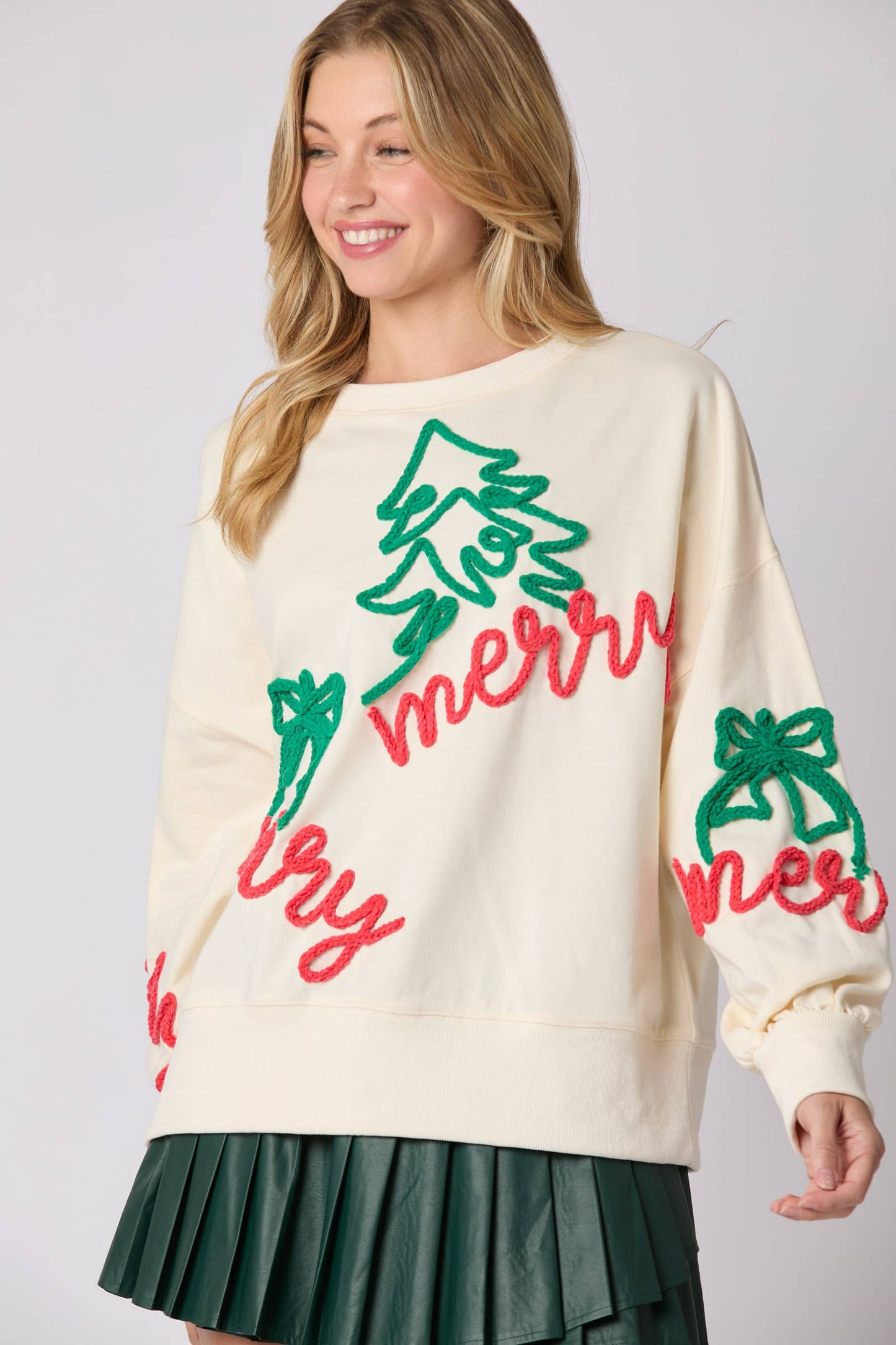 Merry Thread Embroidery Oversized Sweatshirts Cream