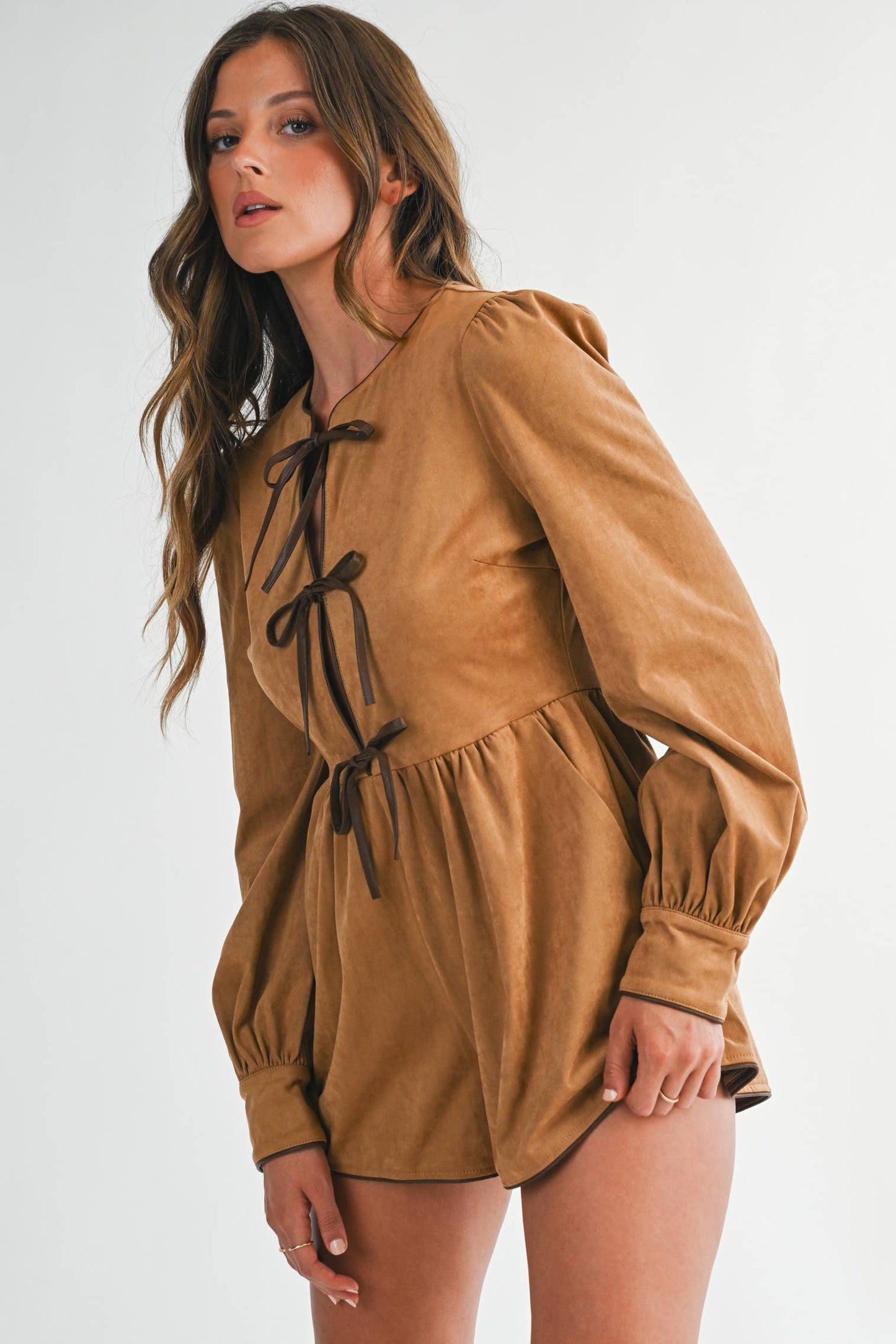 Suede Tie-Front Long Sleeve Romper