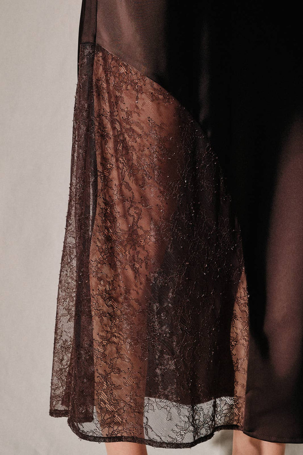 Brown Satin Boat Neck Lace Insert Midi Dress