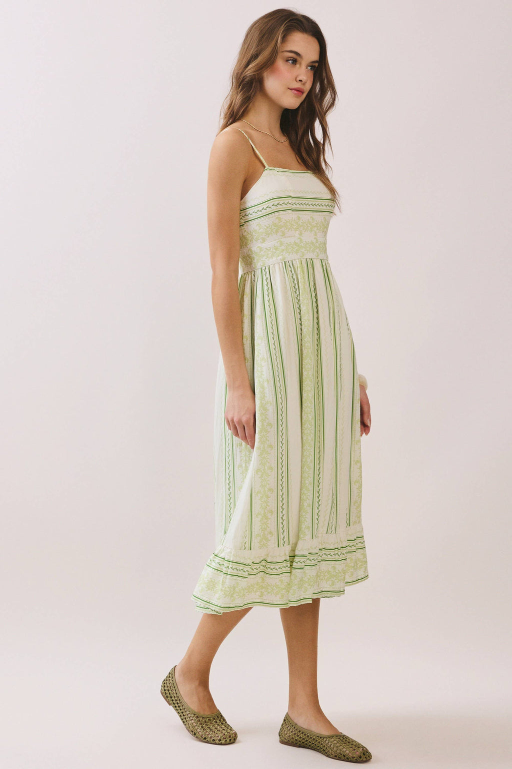 Mixed Striped Smocked Bodice Midi Dress: Green