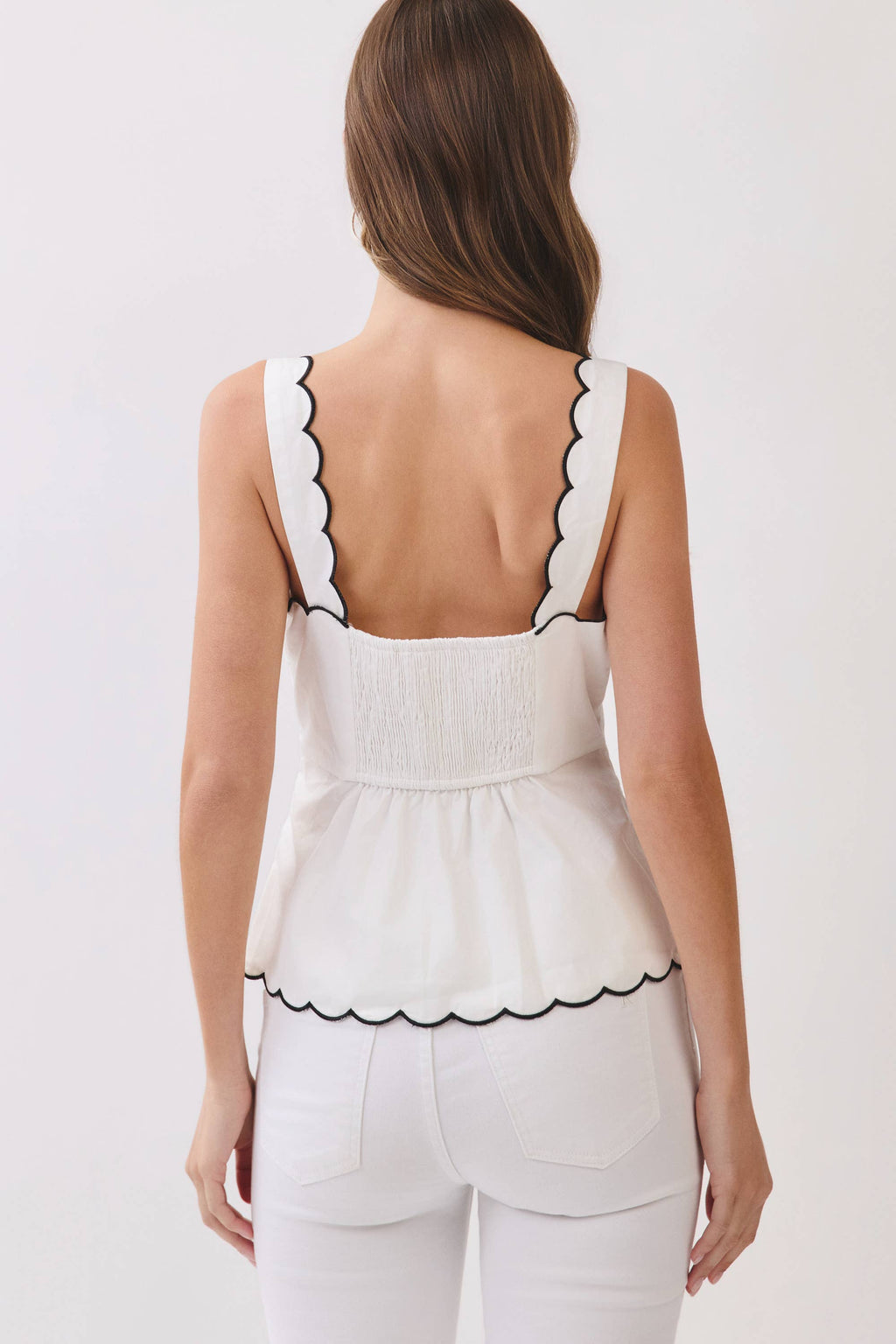 Scallop Trim Square Neckline Sleeveless Top: White