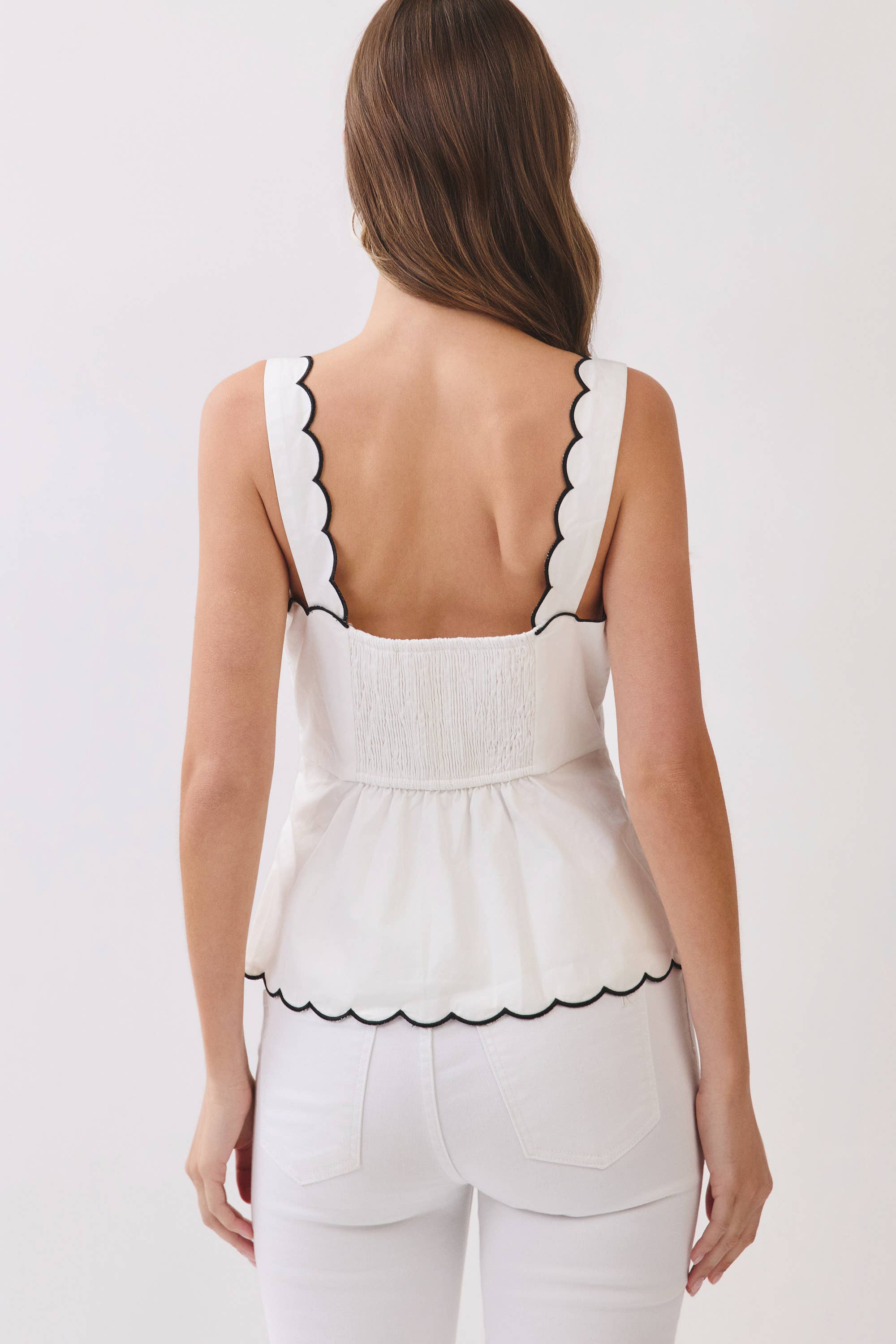 Scallop Trim Square Neckline Sleeveless Top: White