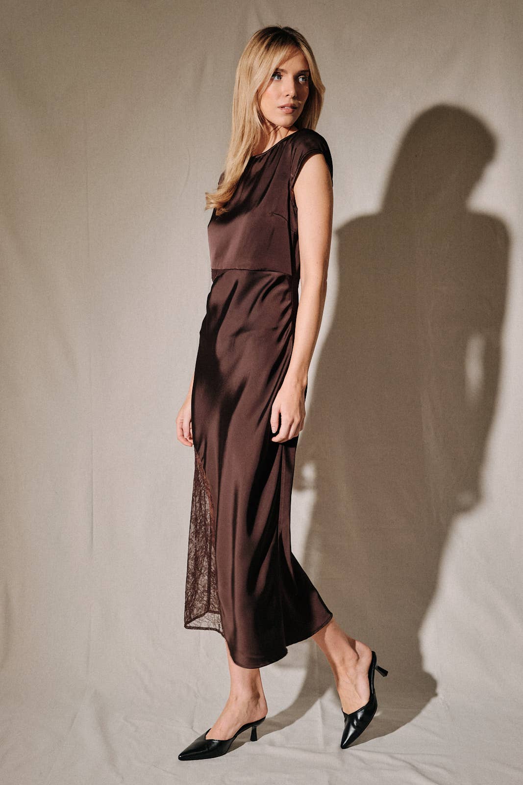 Brown Satin Boat Neck Lace Insert Midi Dress