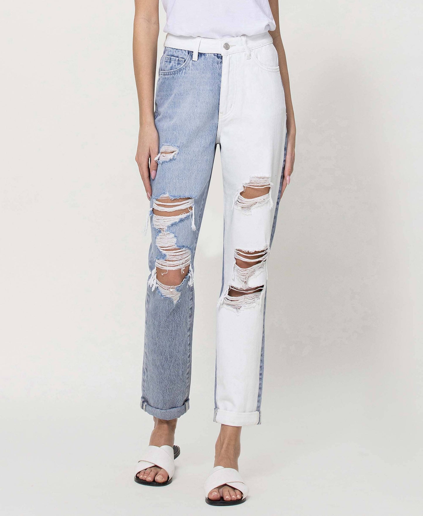 SUPER HIGH RISE SPLIT TWO TONE CUFFED MOM JEANS EMMA