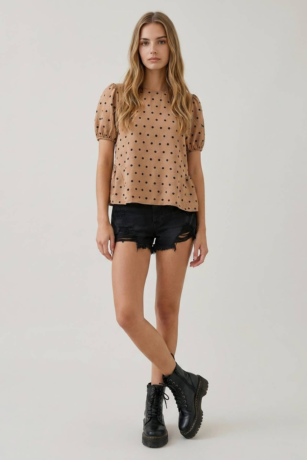 POLKA DOT SSLV PEPLUM BLOUSE - 45917T: Beige / L