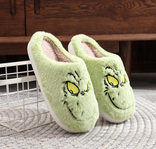 Christmas Grinch Plush Home Fuzzy Slippers : Green