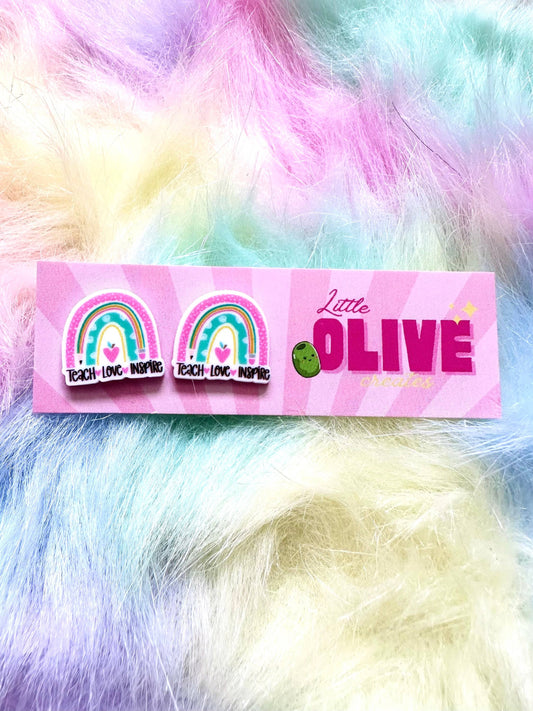 Teach Love Inspire Teacher Statement Stud Earrings: Rainbow