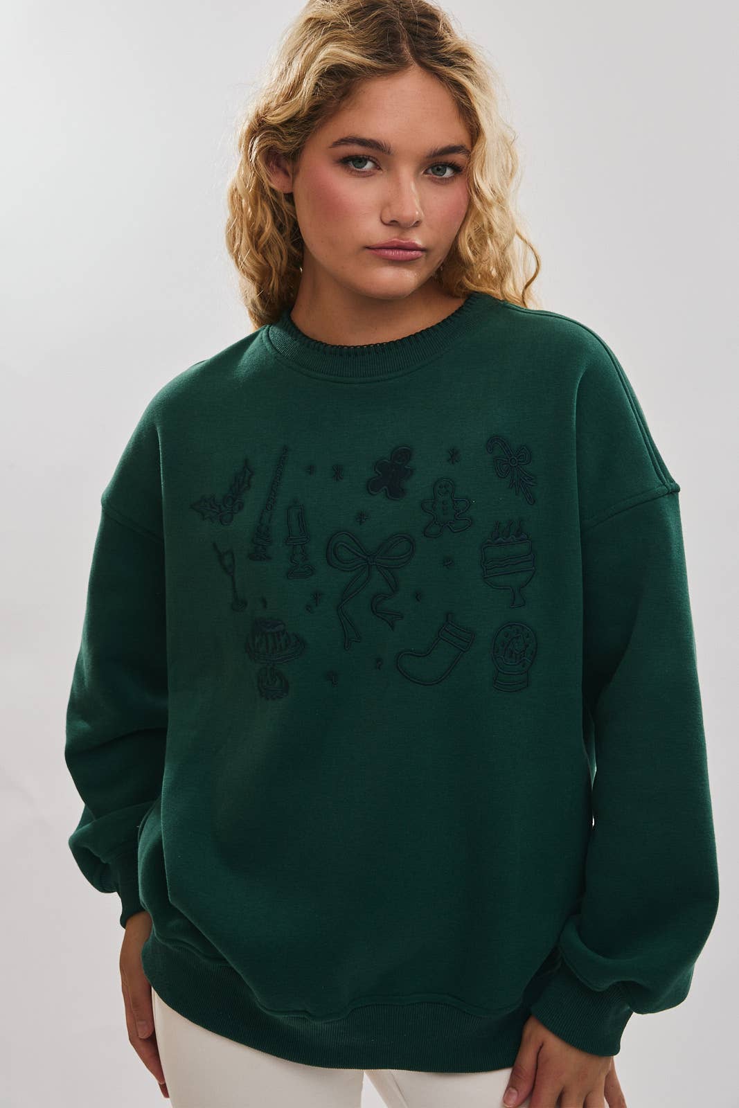 CREW NECK CHRISTMAS GRAPHIC EMBROIDERY SWEATSHIRT