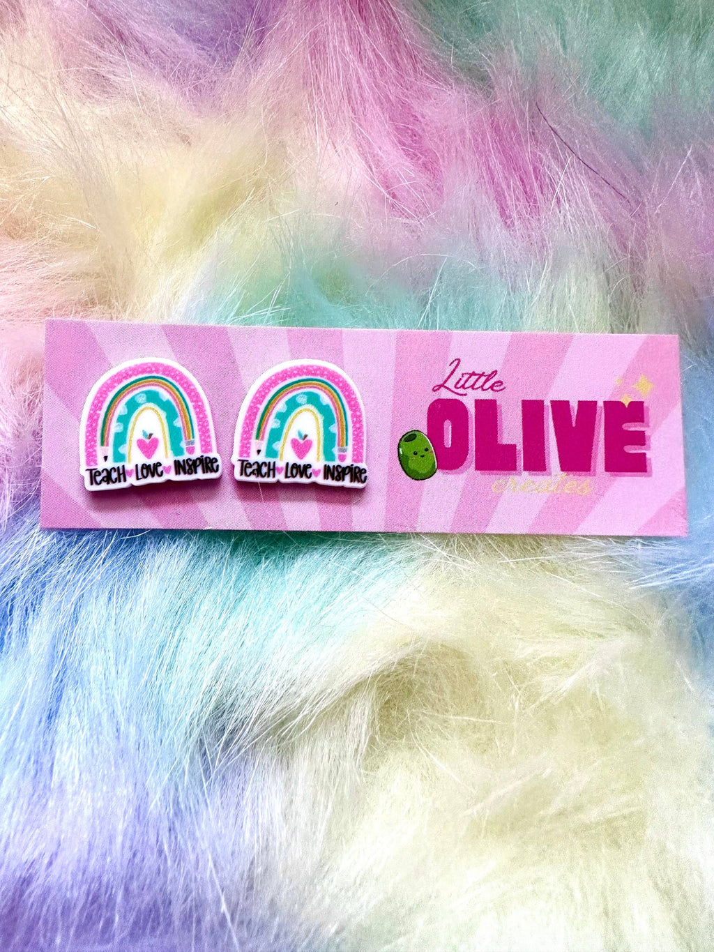 Teach Love Inspire Teacher Statement Stud Earrings: Rainbow
